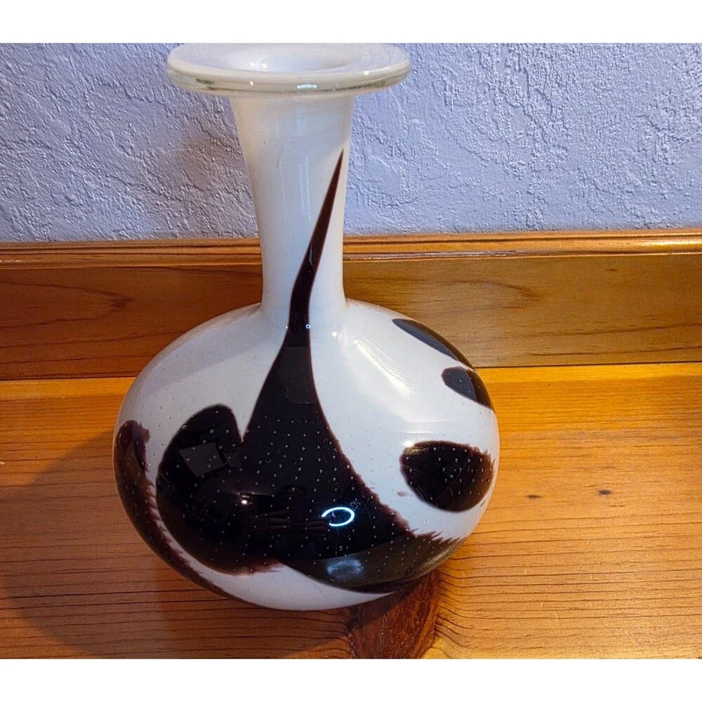 Vintage Hand Blown Art Glass Vase Brown White Controlled Bubble Studio Glass 7